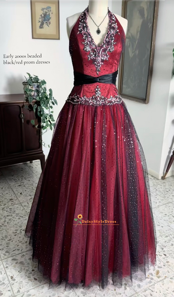 Vintage Ball Gown Burgundy Halter Prom Dress – daisystyledress