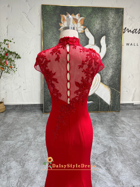 strapless open back dress Mermaid High Neck Red Wedding Dress – daisystyledress