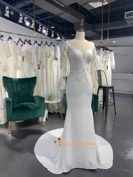 Sheer Back Fit and Flare Long Sleeve Wedding Dress  daisystyledress