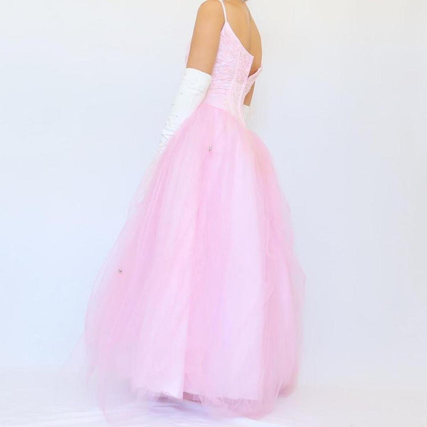 Vintage A Line Spaghetti Straps 90s Pink Prom Dresses Evening Gowns With Lace