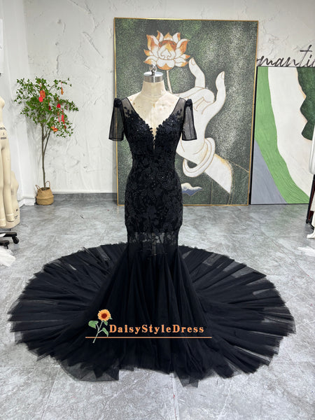 Mermaid French Lace Short Sleeve Black Wedding Dress,Sexy Illusion Bla   daisystyledress