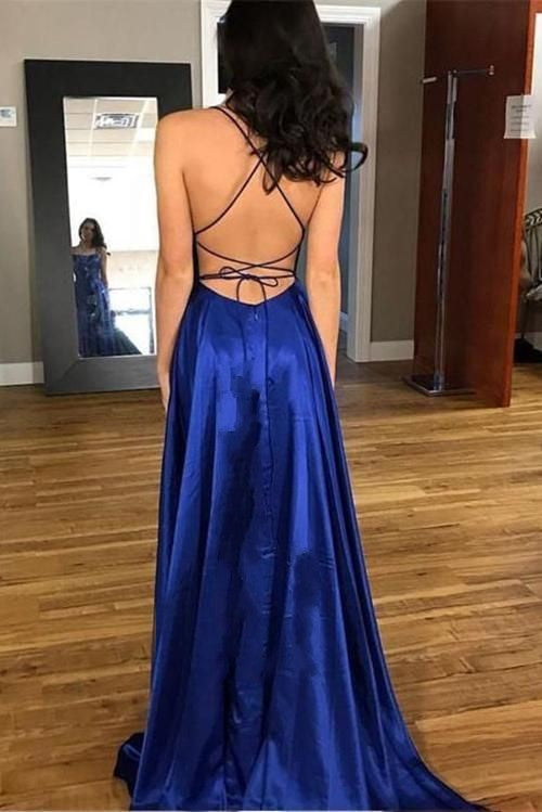 criss cross back royal blue prom dress