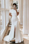 short sleeve fit and flare crepe wedding dress