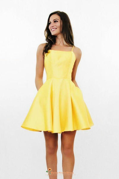 Pale Yellow Jacquard Square Neck A-Line Homecoming Dresses