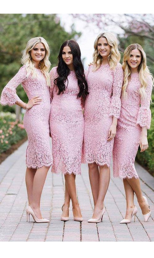 Tea Length Long Sleeves Pink Lace Bridesmaid Dress - daisystyledress