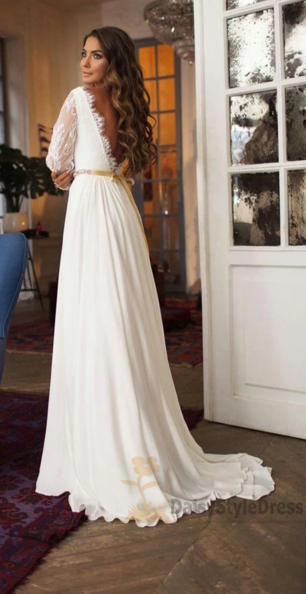 Fashion Long Sleeve Lace V-back Wedding Dress - daisystyledress