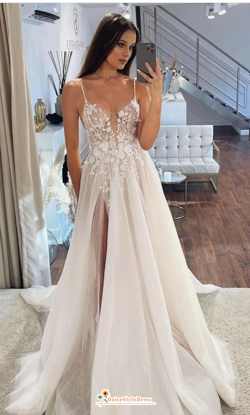split lace boho wedding dress