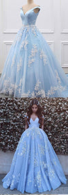 Ball Gown Off Shoulder Sleeve Sky Blue Prom Dress - daisystyledress