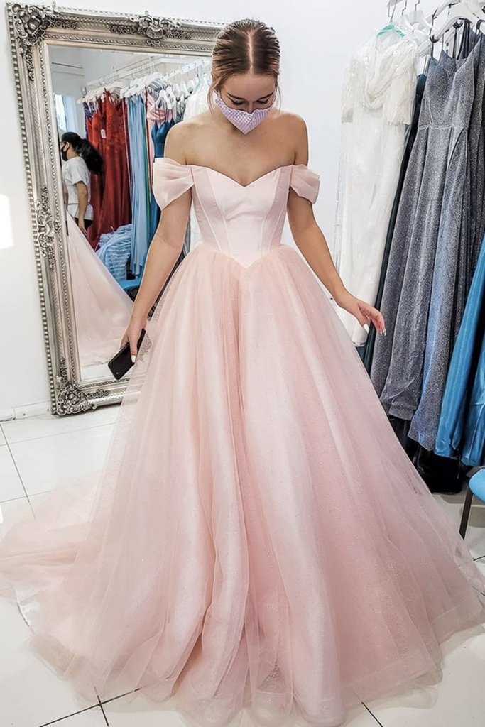 Off Shoulder Sleeve Ball Gown Pearl Pink Prom Dress