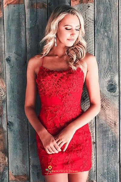 Knee Length Sheath Red Lace Homecoming Dress