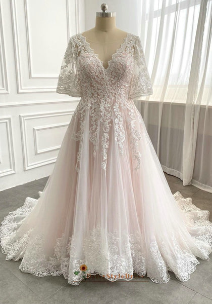 Half Sleeve Plus Size Blush Wedding Dress – daisystyledress