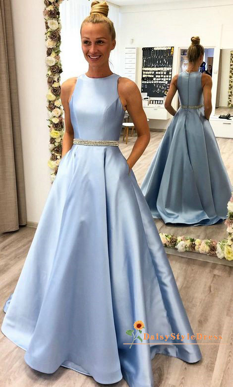 Modest Blue Prom Dress with Pocket - daisystyledress