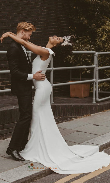 Simple One Shoulder Fit and Flare Wedding Dress daisystyledress