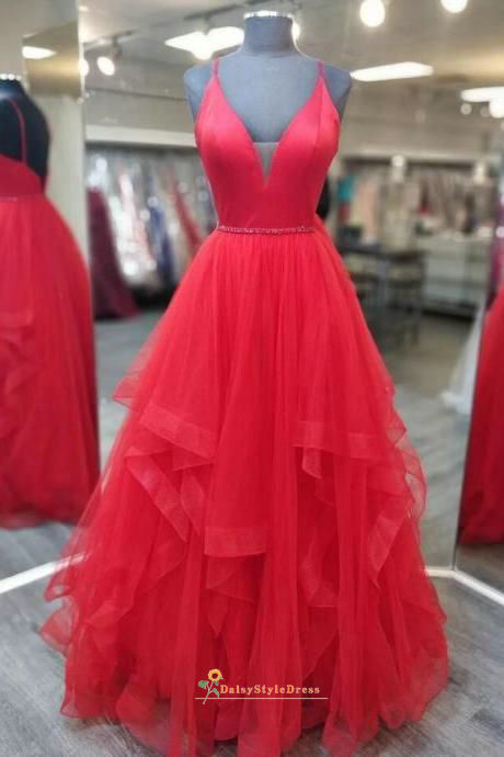 Ball Gown Tiered Skirt Red Prom Dress