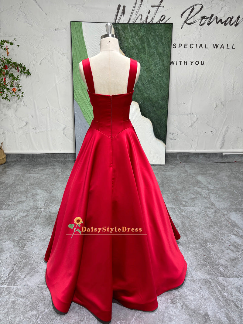 A-line square neckline red prom dress