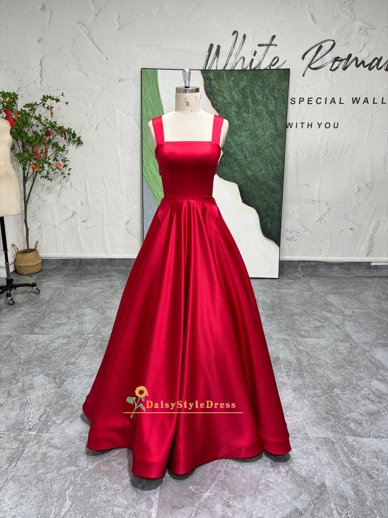 A-line square neckline red prom dress