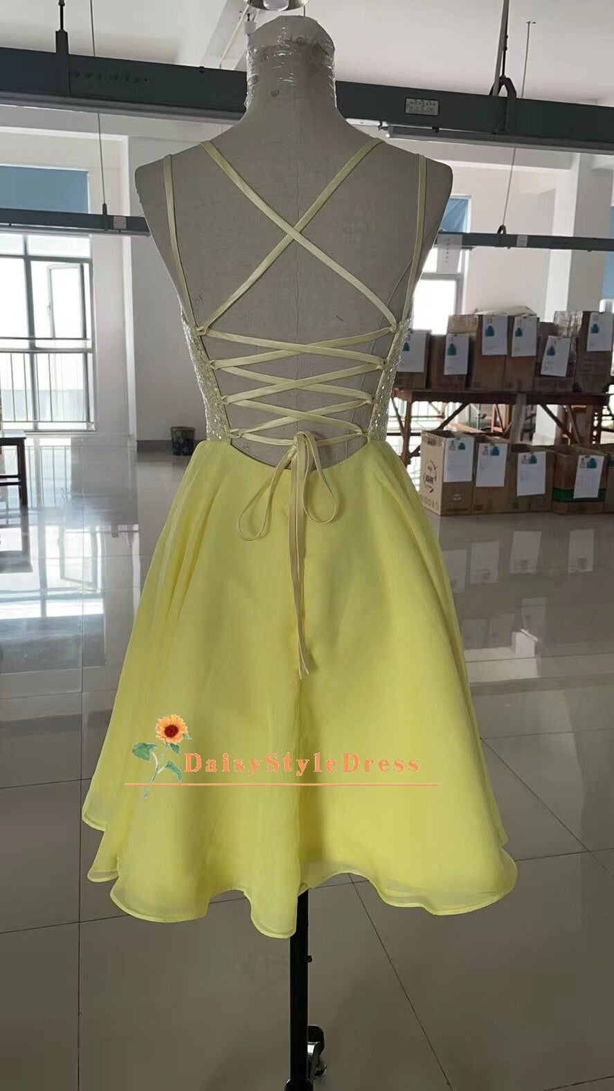 Criss Cross Yellow Party Dress