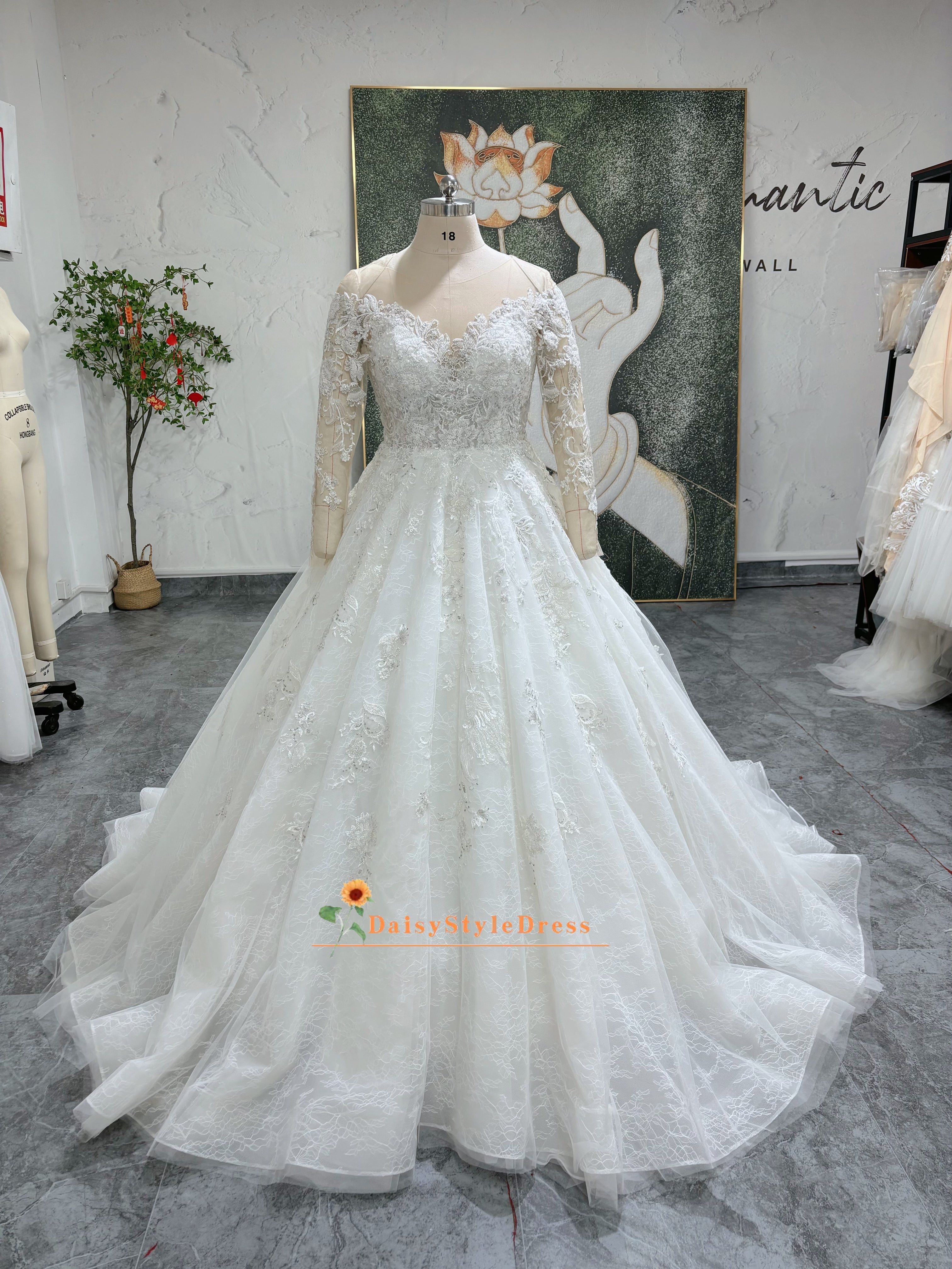 Ball Gown Sparkle Long Sleeve Lace Wedding Dress daisystyledress Ball Gown Sparkle Long Sleeve Lace Wedding Dress daisystyledress