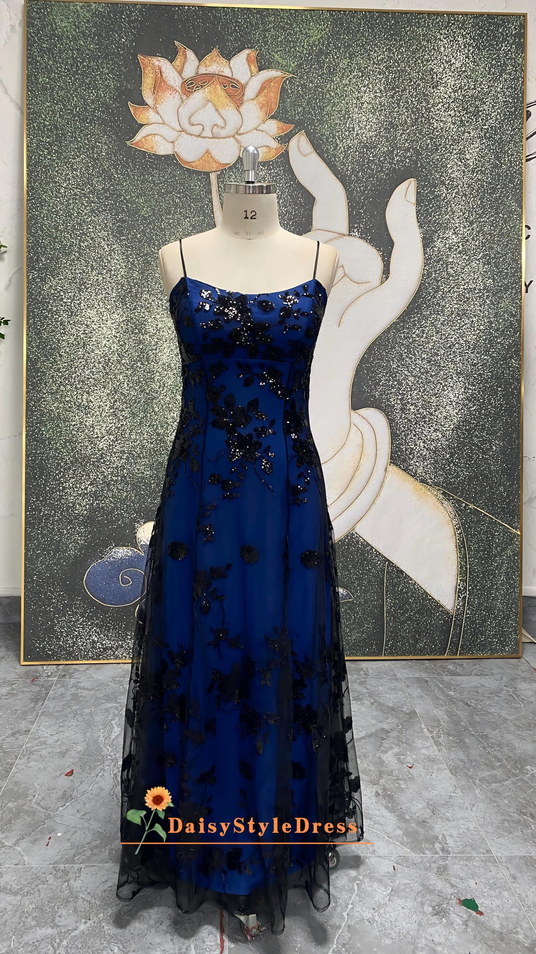 blue and black party dress ZAPAKA Women Simple Black Blue Mermaid Long Bridesmaid Dress with Slit Spaghetti Straps Tulle Long Formal Dress, Black Blue / US2