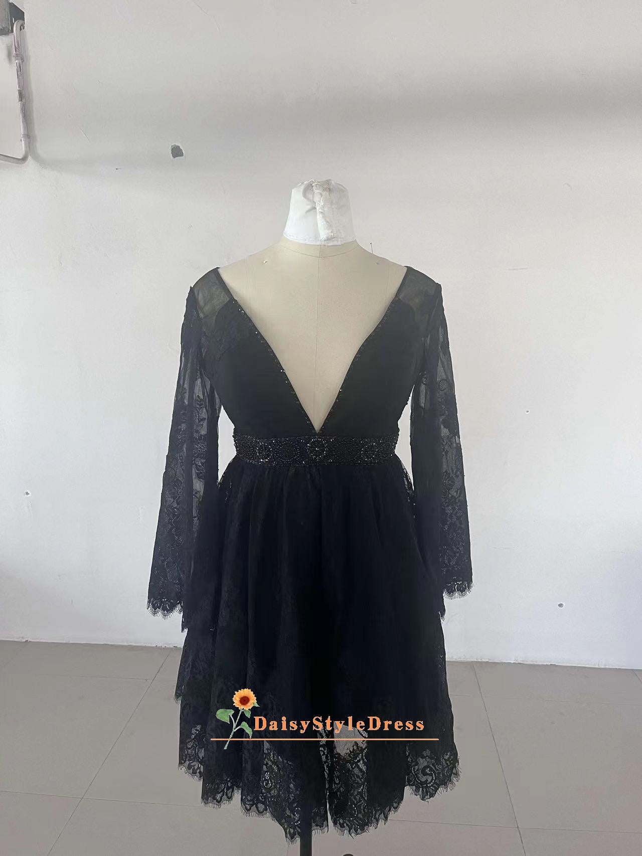 blue dress for baby girl Elegant Black Bateau Appliques Lace Short Wedding Dress with Sleeves