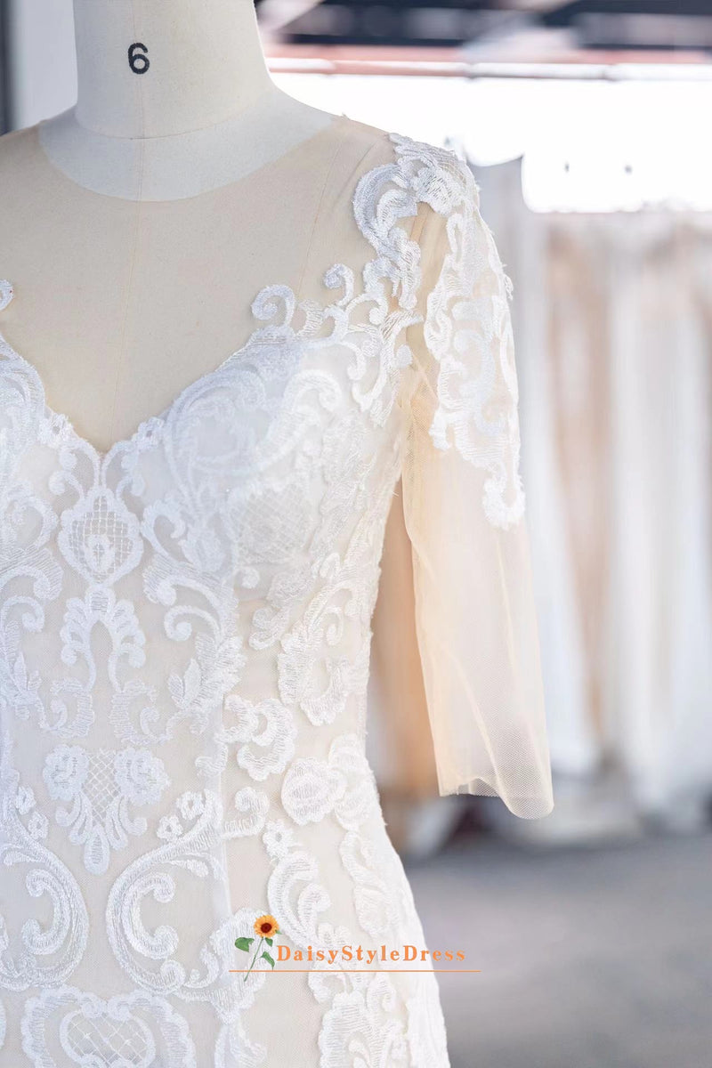 Classic Half Sleeve Lace Wedding Gown