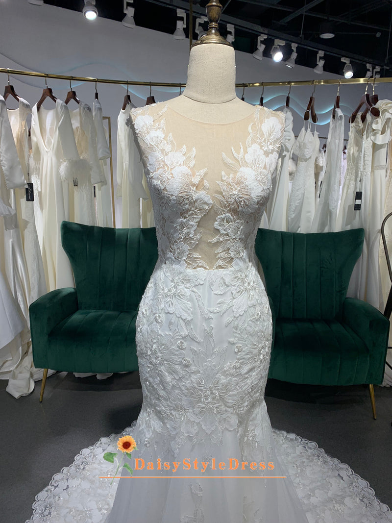 Classic Mermaid Real Lace Wedding Gown 