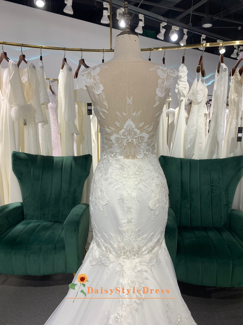 Classic Mermaid Sheer  Lace Wedding Gown 