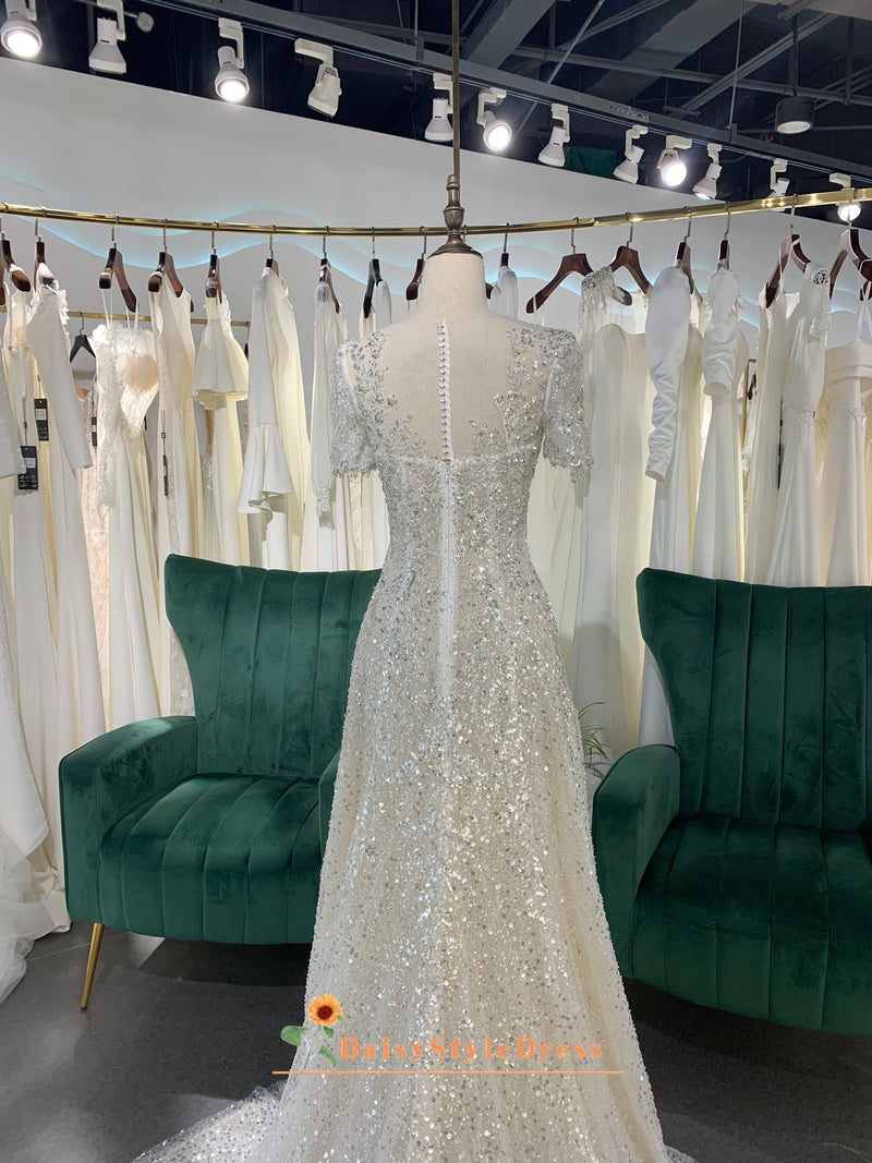 Short Sleeve Sparkle Sequins Wedding Dress