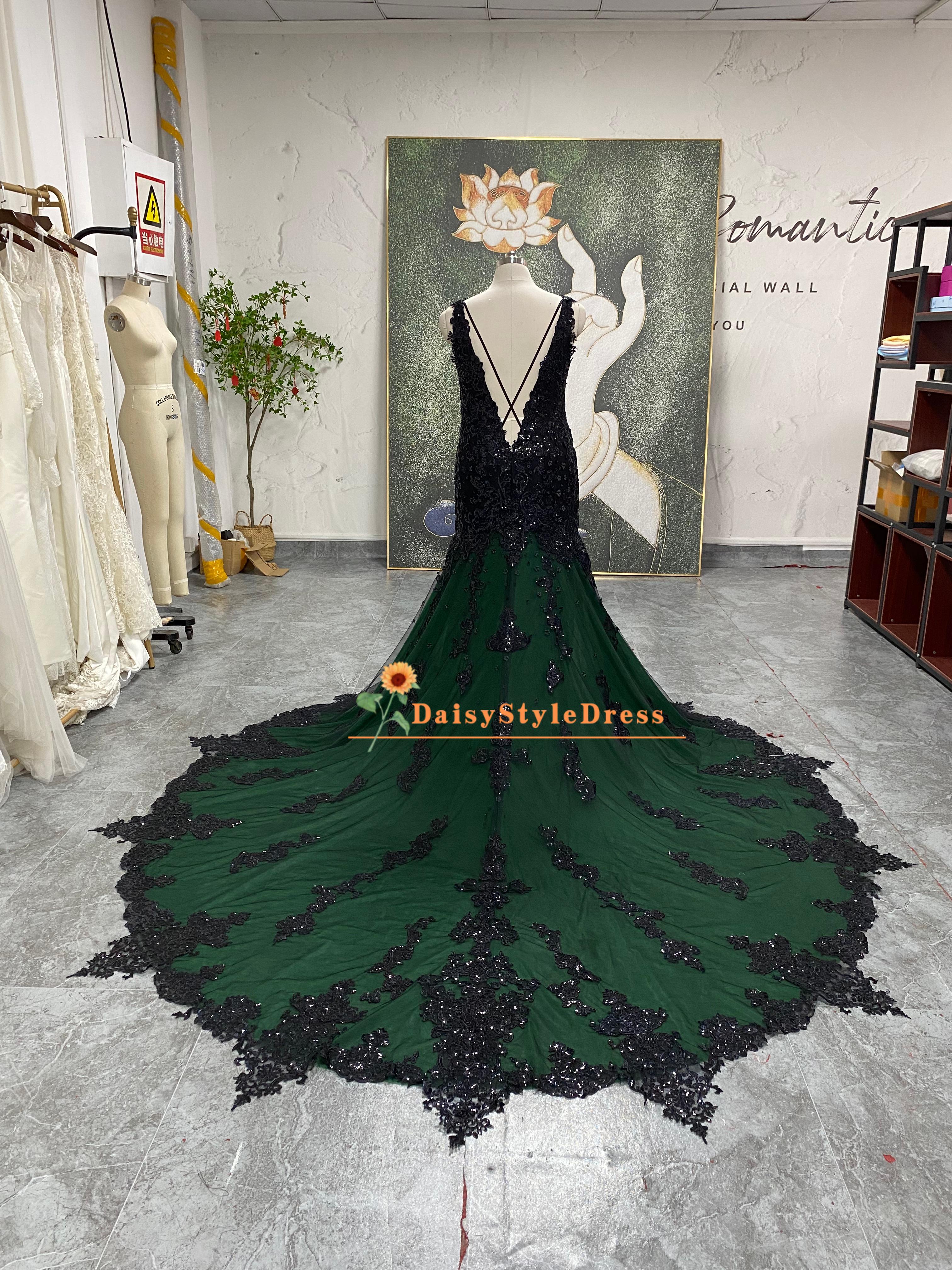 green emerald velvet dress Fit And Flare Black And Green Lace Wedding Dress – daisystyledress