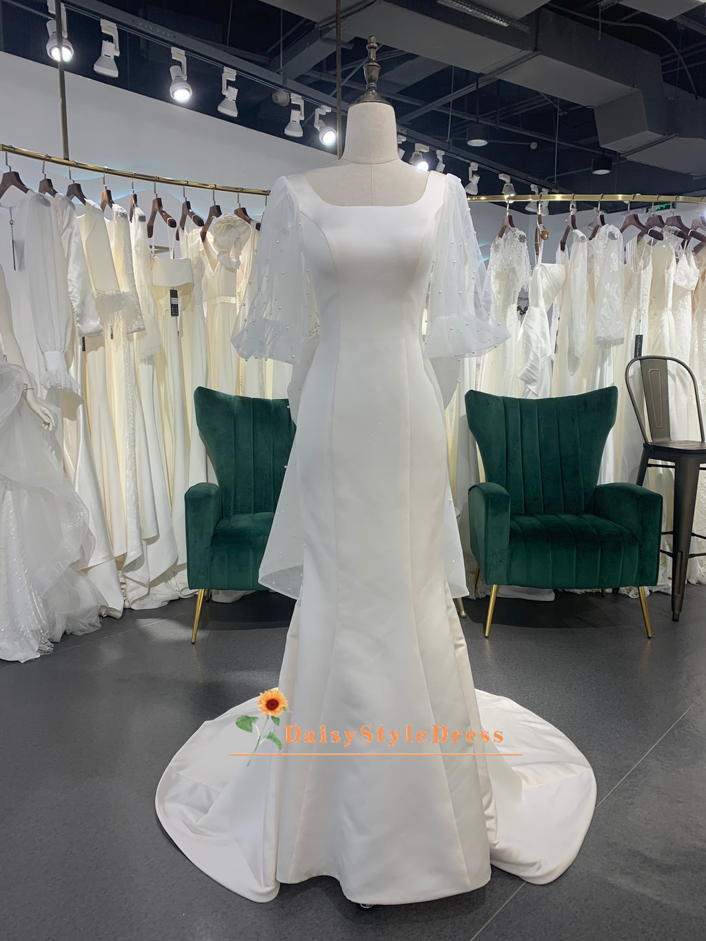 Fit and Flare Boho Sleeve Wedding Dress With Detachable Bow at Back