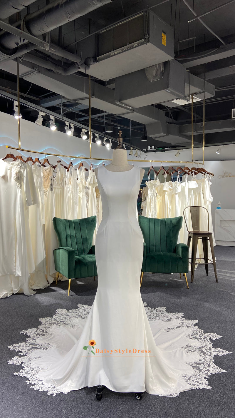 Fit and Flare Sheer Lace Back Wedding Dress
