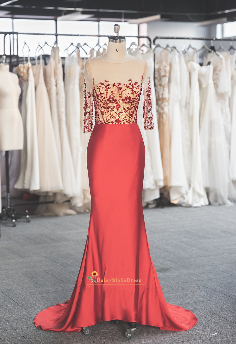 Half Sleeve Handmade Sparkle Beads Red Party Dress