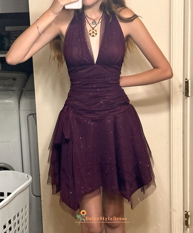 Halter Neckline Sparkle Deep Purple Hoco Dress