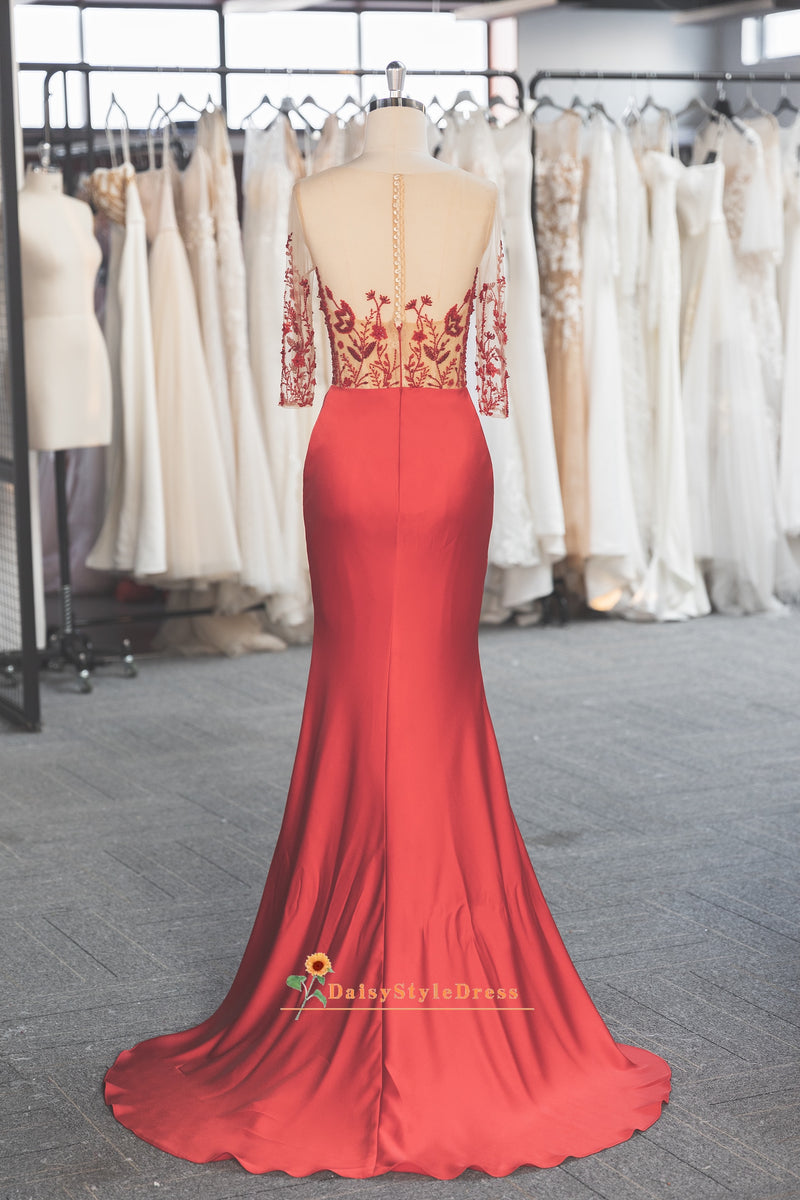 Half Sleeve Handmade Sparkle Beads Red Party Dress