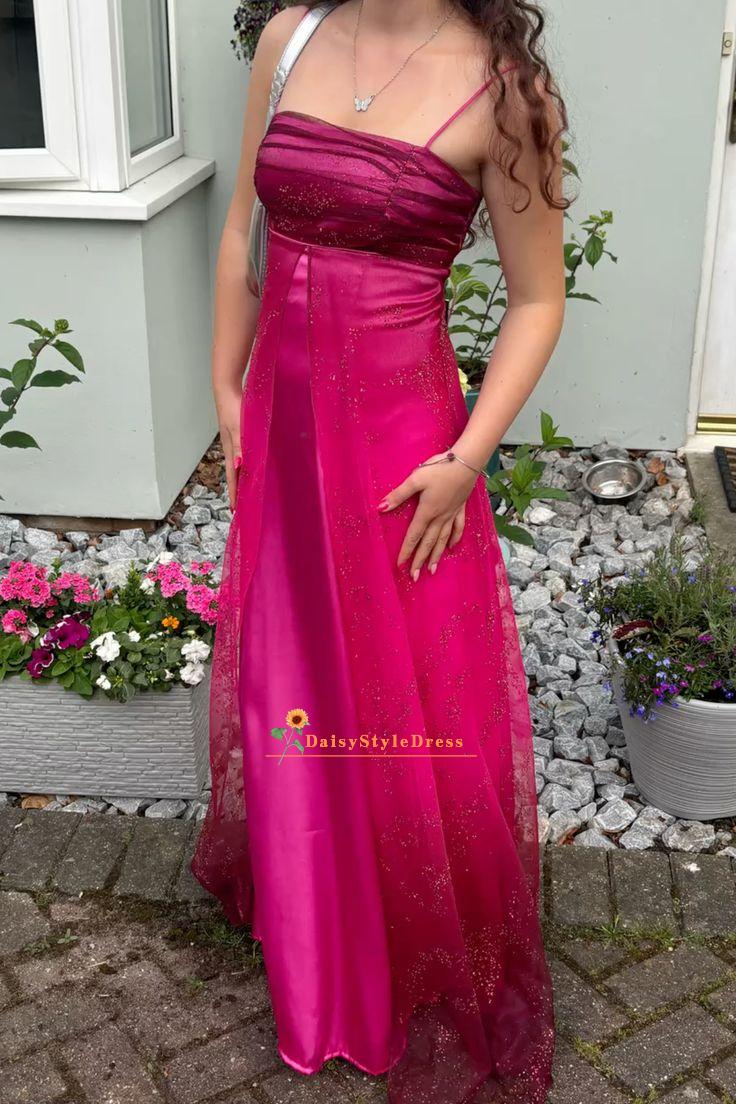 Hot Pink Glitter Spaghetti Strap A-Line Prom Dress with Sheer Overlay daisystyledress Hot Pink Glitter Spaghetti Strap A-Line Prom Dress with Sheer Overlay daisystyledress