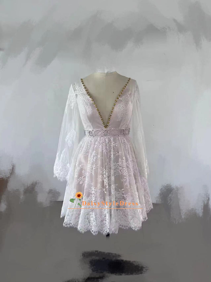Knee length long sleeve wedding dress