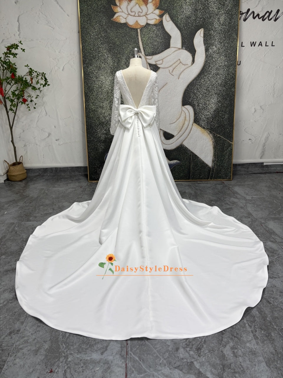 Long Sleeve Low V-Back Lace Wedding Dress with Bow daisystyledress Long Sleeve Low V-Back Lace Wedding Dress with Bow daisystyledress