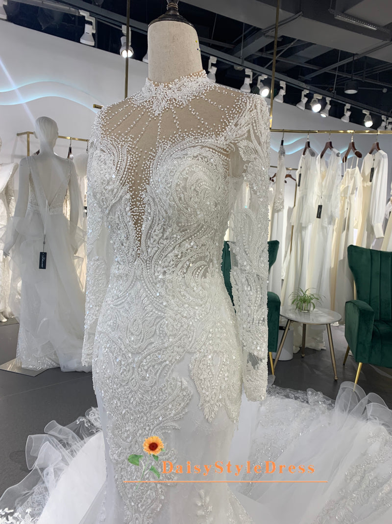 Mermaid High Neckline Long Sleeve Luxury Wedding Dress