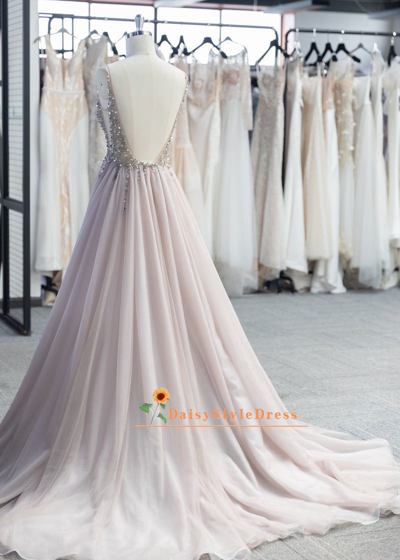Sexy Low Back Blush Tulle Wedding Dress