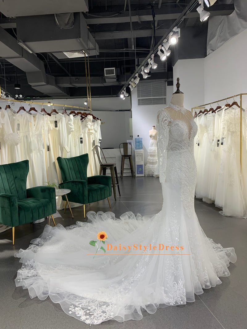 Luxury  High Neckline Long Sleeve Wedding Dress