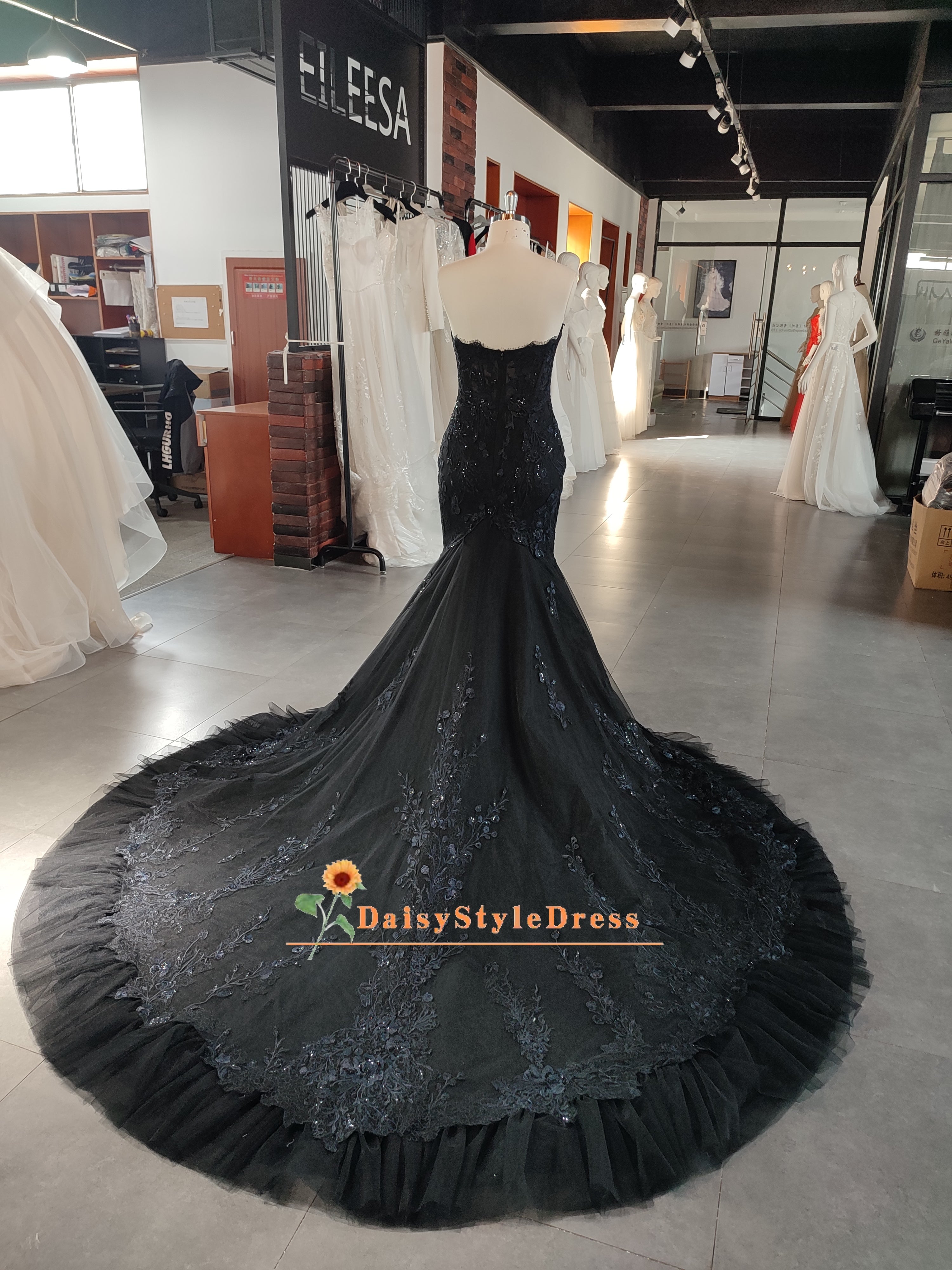 black lace mermaid wedding dress Off Shoulder Corset Black Lace Tulle Court Mermaid Wedding Dress main image 1