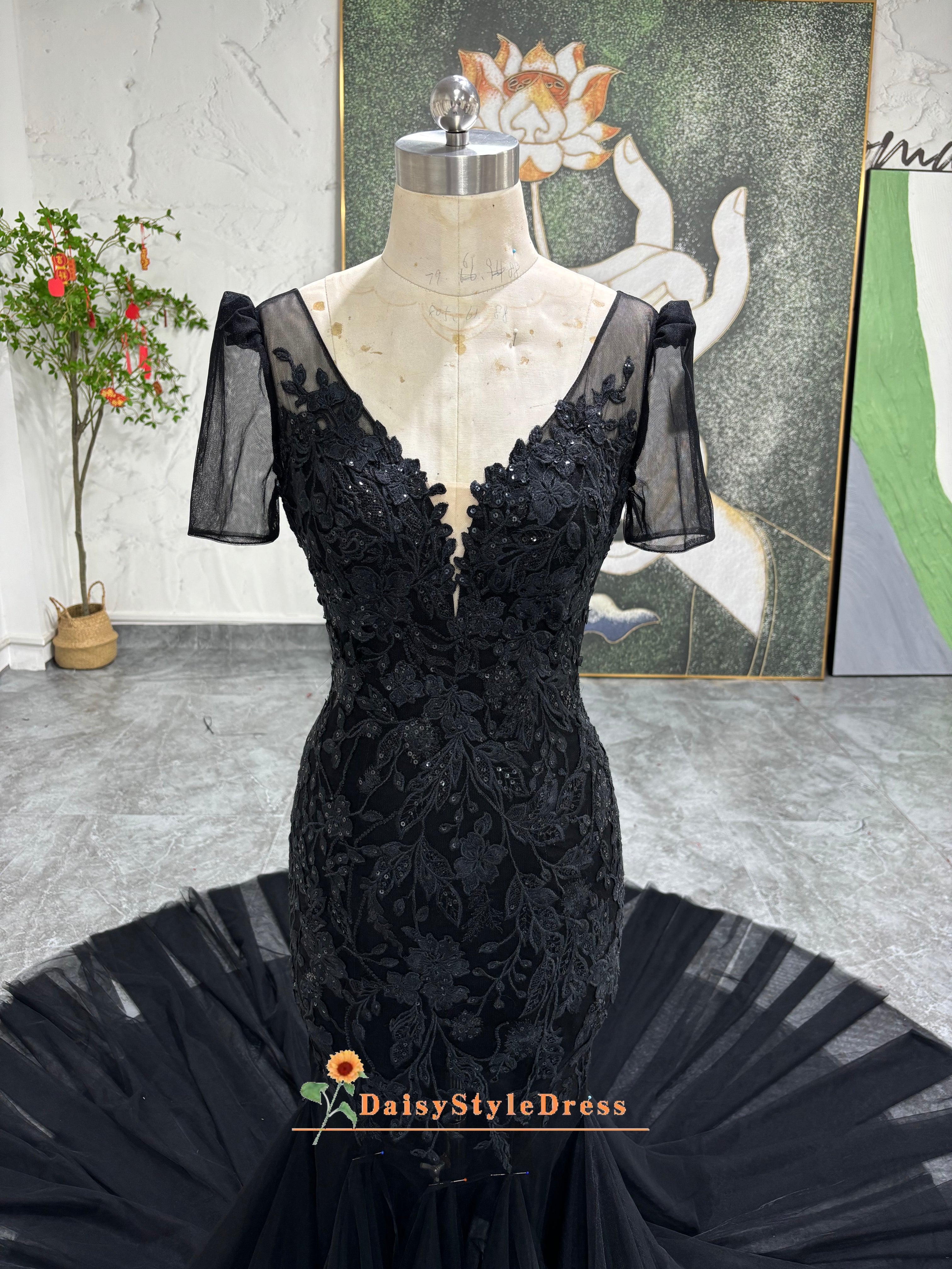 Mermaid French Lace Short Sleeve Black Wedding Dress,Sexy Illusion Bla –  daisystyledress