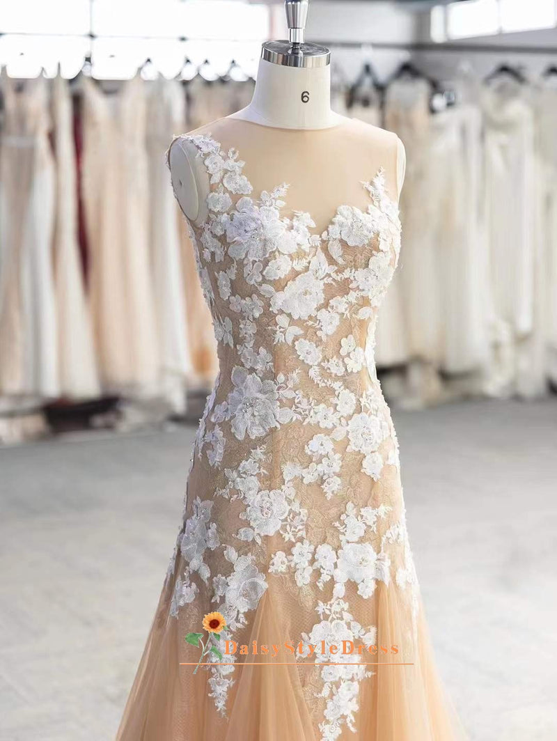 Mermaid Champagne Tulle Wedding Dress