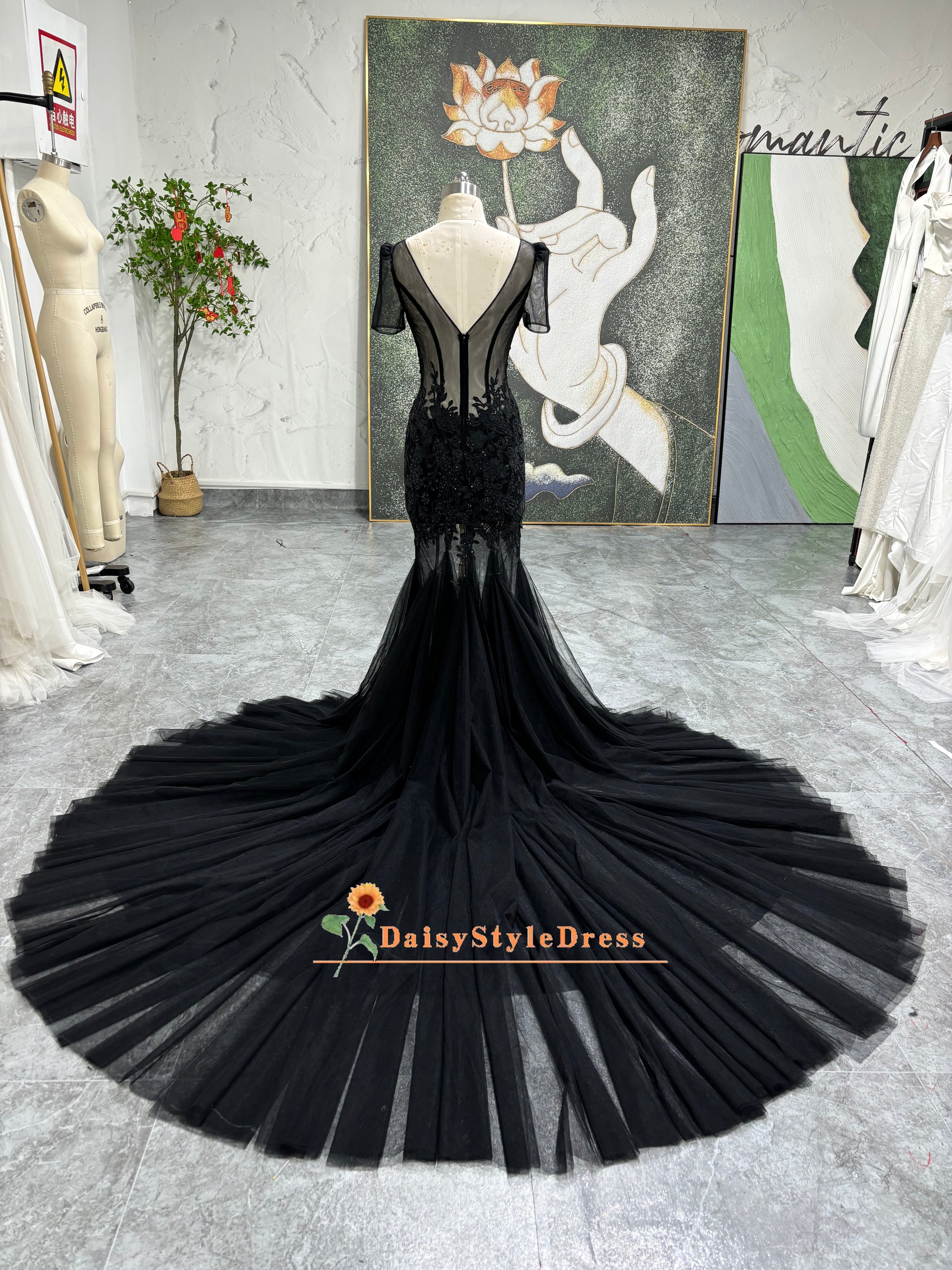 Mermaid French Lace Short Sleeve Black Wedding Dress,Sexy Illusion Bla –  daisystyledress