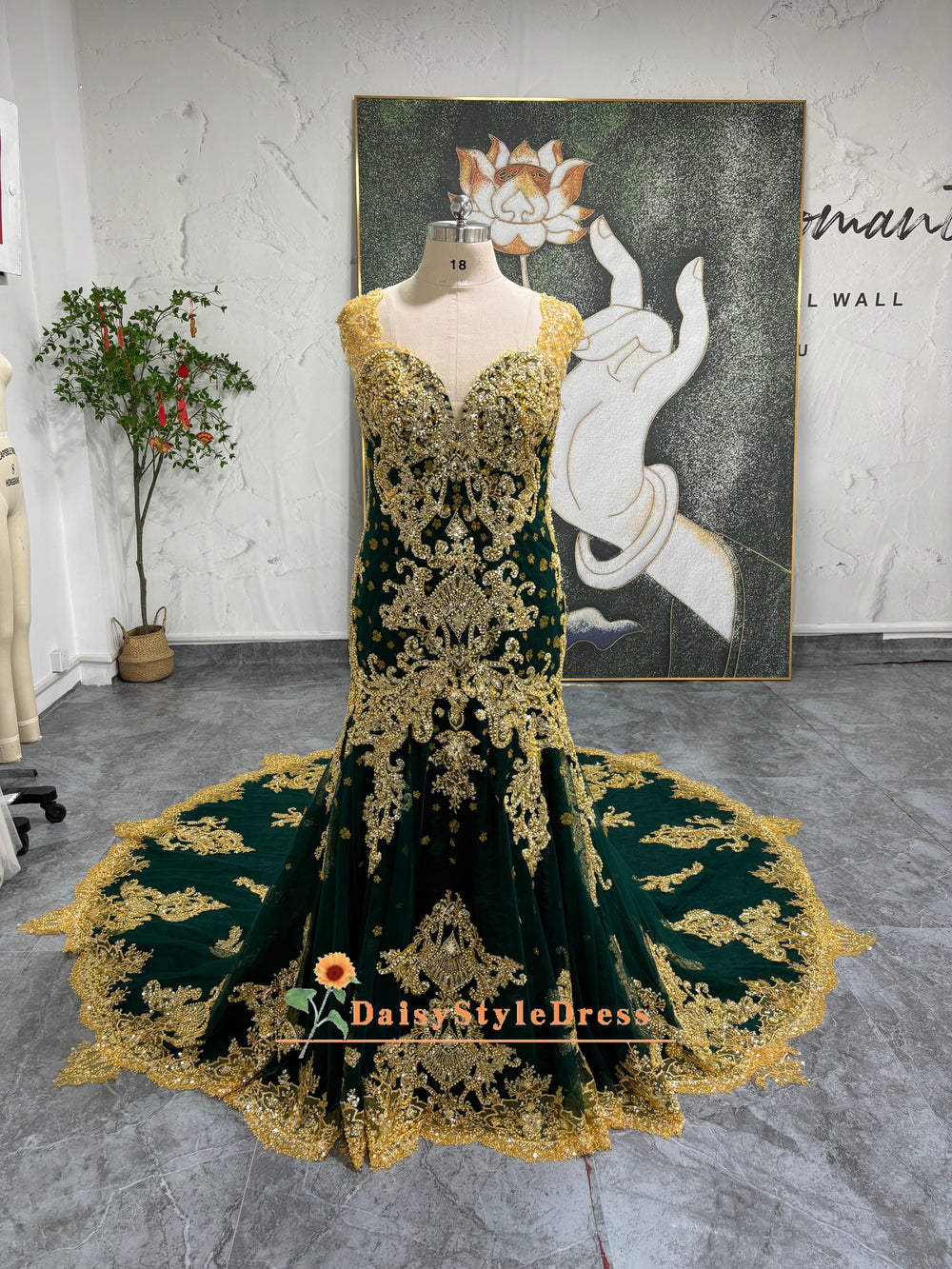 Mermaid Gold and Green Lace Wedding Dress daisystyledress Mermaid Gold and Green Lace Wedding Dress daisystyledress