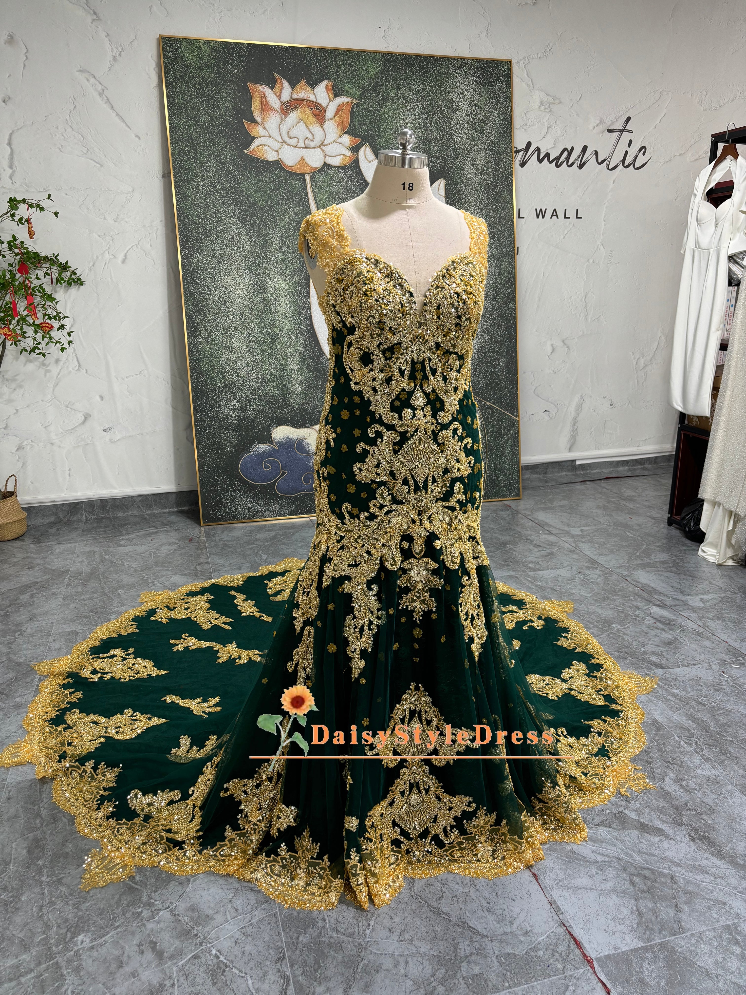 Mermaid Gold and Green Lace Wedding Dress daisystyledress Mermaid Gold and Green Lace Wedding Dress daisystyledress