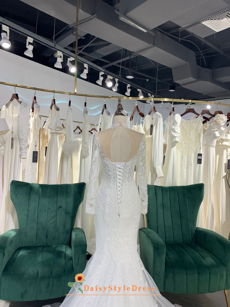 Mermaid High Neckline Long Sleeve Wedding Dress