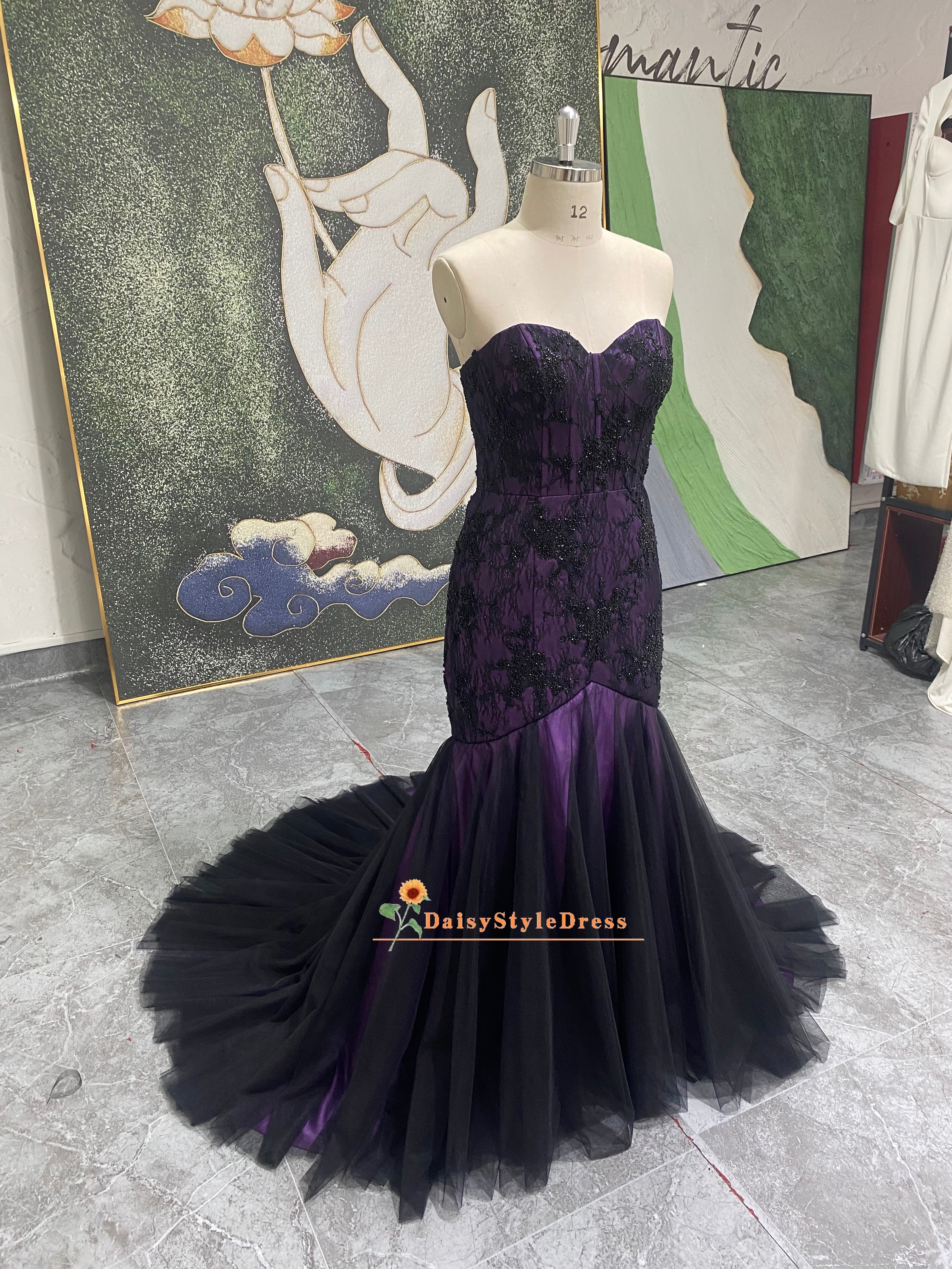 strapless open back dress Black and Purple Wedding Dress – daisystyledress