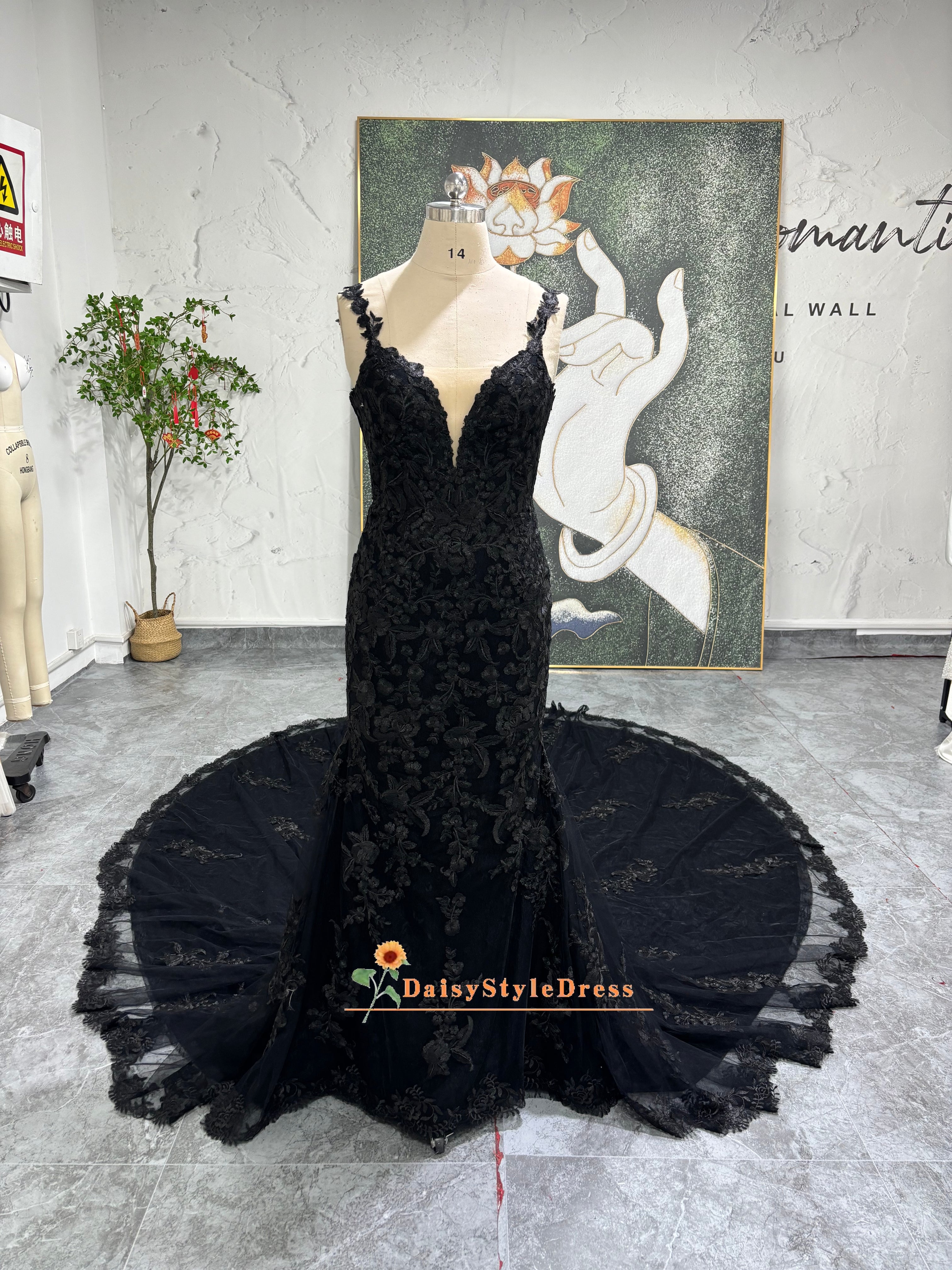 mermaid black lace wedding dress Mermaid Spaghetti Straps Black Lace Wedding Dress – daisystyledress