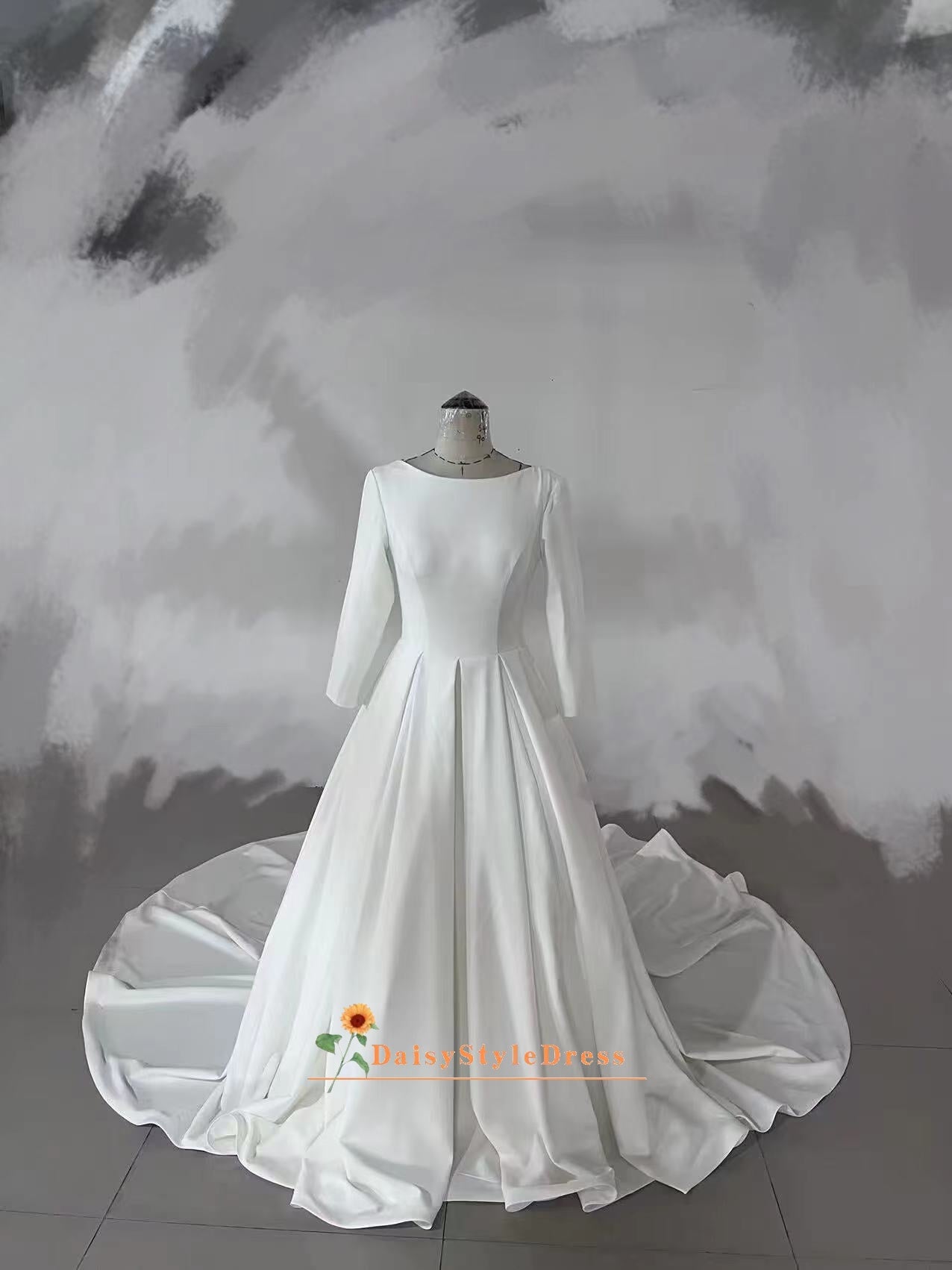 minimalist modest wedding dress Low Back Long Sleeve Crepe Minimal Wedding Dress – daisystyledress